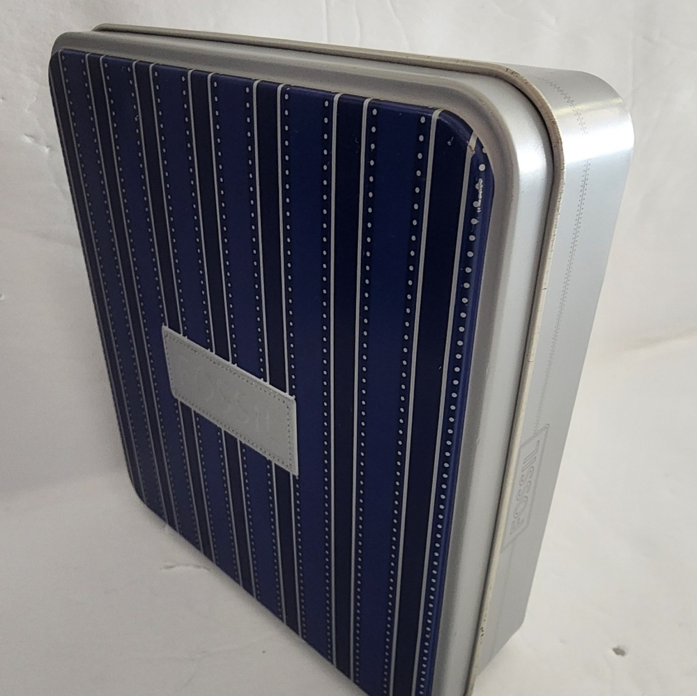 Fossil Blue and White Striped Tin Box